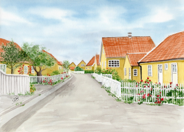 Postkarte DIN-A6 Aquarell Maritim Kunst Druck Kunstdruck Nordsee Dänemark Danmark  Stagen gelbe Häuser