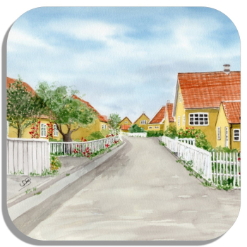 Untersetzer Glasuntersetzer 9,5 x 9,5 cm Aquarell Maritim Kunst Druck Kunstdruck Nordsee Dänemark Danmark Stagen gelbe Häuser