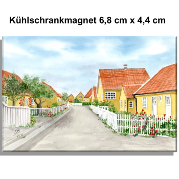 Kühlschrankmagnet  Aquarell Aquarell Maritim Kunst Druck Kunstdruck Nordsee Dänemark Danmark Stagen gelbe Häuser