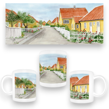 Tasse Becher Kaffeebecher Aquarell Maritim Kunst Druck Kunstdruck Nordsee Dänemark Danmark Stagen gelbe Häuser
