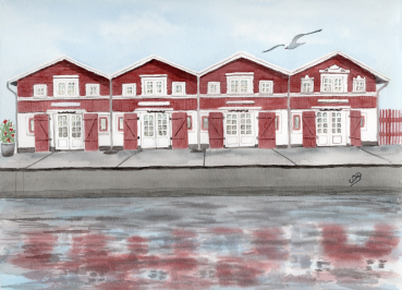 Postkarte DIN-A6 Aquarell Maritim Kunst Druck Kunstdruck Nordsee Dänemark Danmark  Skagen Hafenhäuser