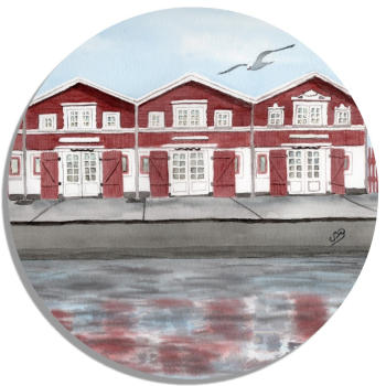 Untersetzer Glasuntersetzer rund 9,5 cm Aquarell Maritim Kunst Druck Kunstdruck Nordsee Dänemark Danmark Skagen Hafenhäuser