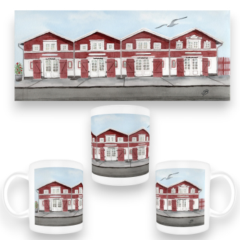 Tasse Becher Kaffeebecher Aquarell Maritim Kunst Druck Kunstdruck Nordsee Dänemark Danmark Skagen Hafenhäuser