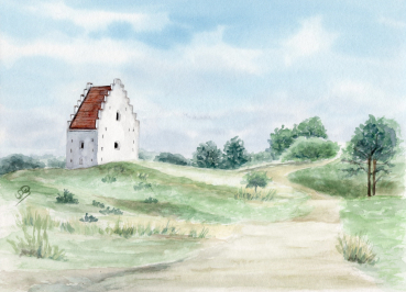 Postkarte DIN-A6 Aquarell Maritim Kunst Druck Kunstdruck Nordsee Dänemark Danmark Skagen versandete Kirche
