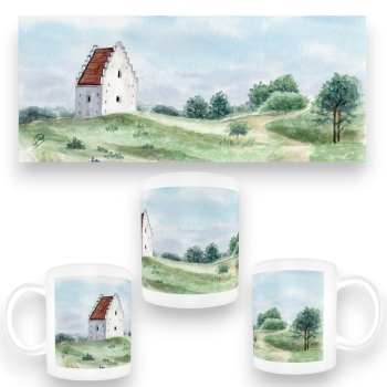 Tasse Becher Kaffeebecher Aquarell Maritim Kunst Druck Kunstdruck Nordsee Dänemark Danmark Skagen versandete Kirche