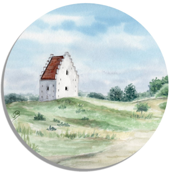 Untersetzer Glasuntersetzer rund 9,5 cm Aquarell Maritim Kunst Druck Kunstdruck Nordsee Dänemark Danmark Skagen versandete Kirche