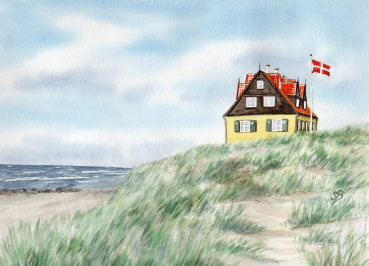 Postkarte DIN-A6 Aquarell Maritim Kunst Druck Kunstdruck Nordsee Dänemark Danmark  Stagen Haus am Meer