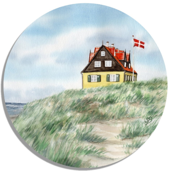 Untersetzer Glasuntersetzer rund 9,5 cm Aquarell Maritim Kunst Druck Kunstdruck Nordsee Dänemark Danmark Stagen Haus am Meer