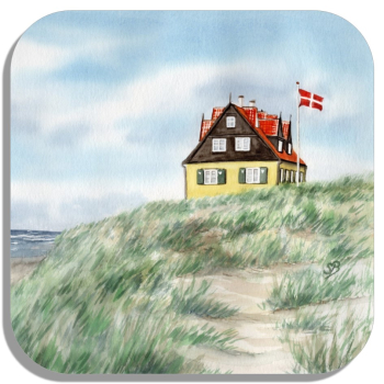 Untersetzer Glasuntersetzer 9,5 x 9,5 cm Aquarell Maritim Kunst Druck Kunstdruck Nordsee Dänemark Danmark Stagen Haus am Meer