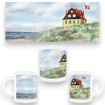 Tasse Becher Kaffeebecher Aquarell Maritim Kunst Druck Kunstdruck Nordsee Dänemark Danmark Stagen Haus am Meer