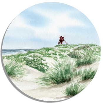 Untersetzer Glasuntersetzer rund 9,5 cm Folienmagnet Aquarell Maritim Kunst Druck Kunstdruck Dänemark Nordsee Blokhus Bake Strand