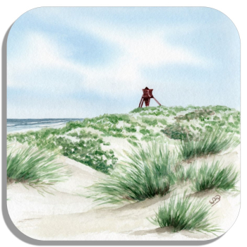 Untersetzer Glasuntersetzer 9,5 x 9,5 cm Folienmagnet Aquarell Maritim Kunst Druck Kunstdruck Dänemark Nordsee Blokhus Bake Strand