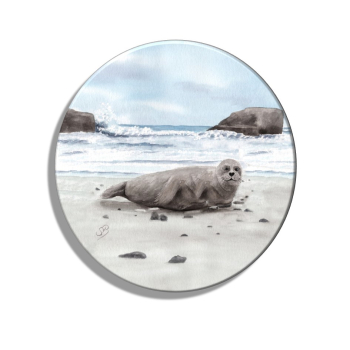 Kühlschrankmagnet m. Flaschenöffner  Aquarell Maritim Kunst Druck Kunstdruck Seehund auf Bauch Robbe Heuler Kegelrobbe Dänemark Nordsee Ostsee