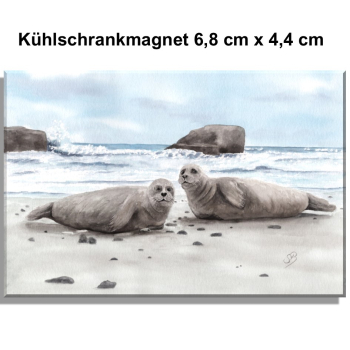 Kühlschrankmagnet  Aquarell Maritim Kunst Druck Kunstdruck Seehund auf Bauch Robbe Heuler Kegelrobbe Dänemark Nordsee Ostsee