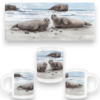 Tasse Becher Kaffeebecher  Aquarell Maritim Kunst Druck Kunstdruck Seehund auf Bauch Robbe Heuler Kegelrobbe Dänemark Nordsee Ostsee