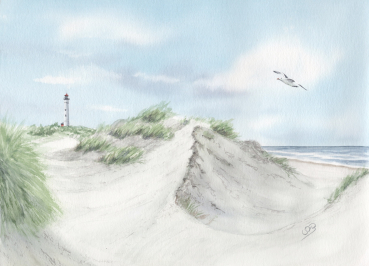Postcard DIN-A6  watercolor maritime art print art print North Sea Denmark Danmark lighthouse Lyngvig Hvide Sande Sondervig Dunes Beach Seagulls