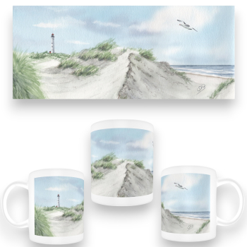 Cup Coffee Cup Mug watercolor maritime art print art print North Sea Denmark Danmark lighthouse Lyngvig Hvide Sande Sondervig Dunes Beach Seagulls