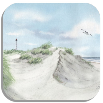 Coasters glass coasters 9,5 x  9,5 cm watercolor maritime art print art print North Sea Denmark Danmark lighthouse Lyngvig Hvide Sande Sondervig Dunes Beach Seagulls
