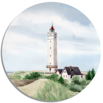 Untersetzer Glasuntersetzer rund 9,5 cm Leuchtturm Blåvand Blavand mit Nebengebäuden DK01