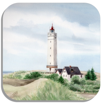 Untersetzer Glasuntersetzer 9,5 x 9,5 cm Leuchtturm Blåvand Blavand mit Nebengebäuden DK01