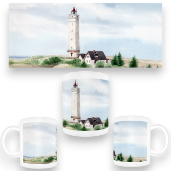 Tasse Becher Kaffeebecher Leuchtturm Blåvand Blavand mit Nebengebäuden DK01