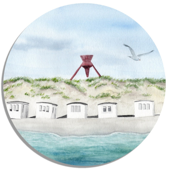 Untersetzer Glasuntersetzer rund 9,5 cm Folienmagnet Aquarell Maritim Kunst Druck Kunstdruck Dänemark Nordsee Blokhus Bake Strand