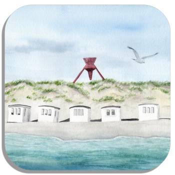 Untersetzer Glasuntersetzer 9,5 x 9,5 cm Folienmagnet Aquarell Maritim Kunst Druck Kunstdruck Dänemark Nordsee Blokhus Bake Strand