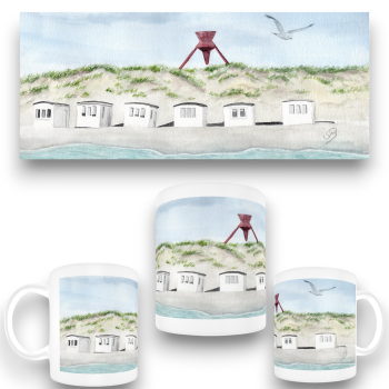 Tasse Becher Kaffeebecher  Folienmagnet Aquarell Maritim Kunst Druck Kunstdruck Dänemark Nordsee Blokhus Bake Strand