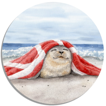Untersetzer Glasuntersetzer rund 9,5 cm  Aquarell Maritim Kunst Druck Kunstdruck Seehund auf Bauch Robbe Heuler Kegelrobbe Dänemark Nordsee Ostsee