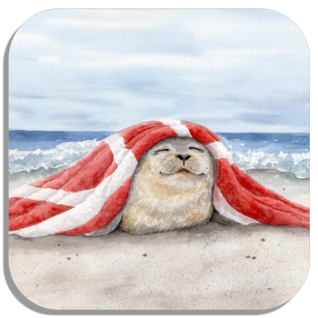 Untersetzer Glasuntersetzer 9,5 x 9,5 cm  Aquarell Maritim Kunst Druck Kunstdruck Seehund auf Bauch Robbe Heuler Kegelrobbe Dänemark Nordsee Ostsee