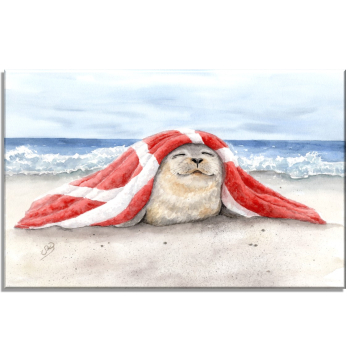 Leinwand Keilrahmen Canvas-Leinen  Aquarell Maritim Kunst Druck Kunstdruck Seehund auf Bauch Robbe Heuler Kegelrobbe Dänemark Nordsee Ostsee