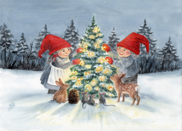 Postcard DIN-A6  watercolor art print Denmark Danmark Scandinavia - Christmas Winter Jul Nisse