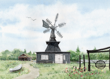 Postcard DIN-A6  watercolor maritime art print art print  Denmark Danmark - Nymindegab Mill - DK85