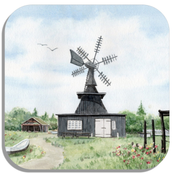 Coasters glass coasters 9,5 x  9,5 cm watercolor maritime art print art print  Denmark Danmark - Nymindegab Mill - DK85