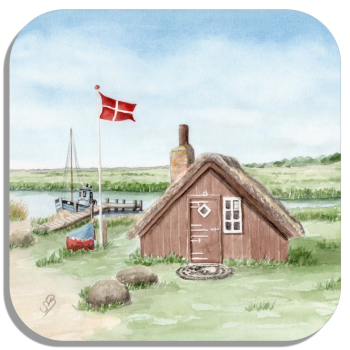 Coasters glass coasters 9,5 x  9,5 cm watercolor maritime art print art print  Denmark Danmark - Nymindegab Fisherman's House - DK86