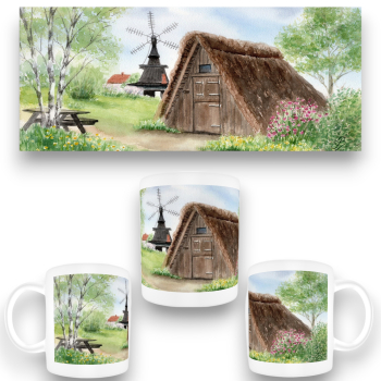 Tasse Becher Kaffeebecher Aquarell Maritim Kunst Druck Kunstdruck  Dänemark Danmark  - Nymindegab Mühle Esehus Fischerhaus