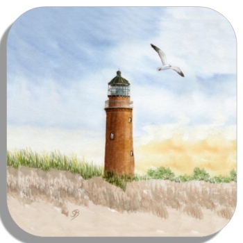 Coasters glass coasters 9,5 x  9,5 cm Watercolor Maritime Art Print Baltic Sea lighthouse Darßer Ort Darß Zingst Beach Ocean Dunes
