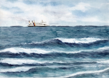Postkarte DIN-A6  Aquarell Kunst Druck Kunstdruck Strandkorb Sonnenuntergang Dänemark Nordsee Dagebüll Fähre mit Wellen - DB5