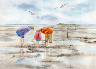 Postkarte DPostkarte DIN-A6  Aquarell Kunst Druck Kunstdruck Strandkorb Sonnenuntergang Dänemark Nordsee Dagebüll WattkinderIN-A6  Aquarell Kunst Druck Kunstdruck Strandkorb Sonnenuntergang Dänemark Nordsee Dagebüll Fähre - DB3