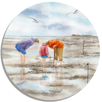 Untersetzer Glasuntersetzer rund 9,5 cm  Aquarell Kunst Druck Kunstdruck Strandkorb Sonnenuntergang Dänemark Nordsee Dagebüll Wattkinder
