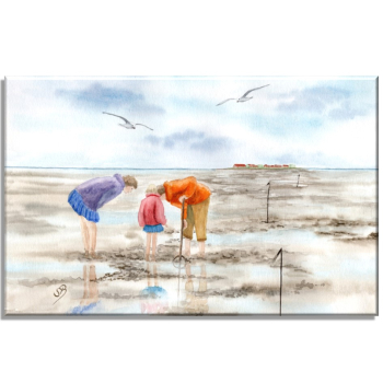 Leinwand 30 x 20 cm Keilrahmen Canvas-Leinen  Aquarell Kunst Druck Kunstdruck Strandkorb Sonnenuntergang Dänemark Nordsee Dagebüll Wattkinder
