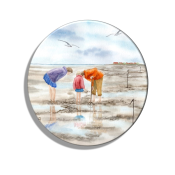 Kühlschrankmagnet m. Flaschenöffner Aquarell Kunst Druck Kunstdruck Strandkorb Sonnenuntergang Dänemark Nordsee Dagebüll Wattkinder