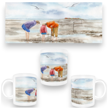 Tasse Becher Kaffeebecher  Aquarell Kunst Druck Kunstdruck Strandkorb Sonnenuntergang Dänemark Nordsee Dagebüll Wattkinder