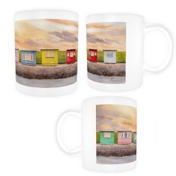 Tasse Becher Kaffeebecher  Aquarell Kunst Druck Kunstdruck Strandkorb Sonnenuntergang Dänemark Nordsee Dagebüll bunte Badebuden im Sonnenuntergang - DB1