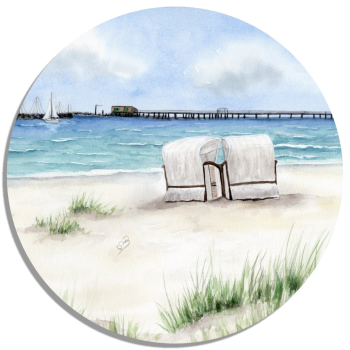 Untersetzer Glasuntersetzer rund 9,5 cm Aquarell Maritim Kunst Druck Kunstdruck Ostsee - Prerow - Seebrücke  Strandkorb