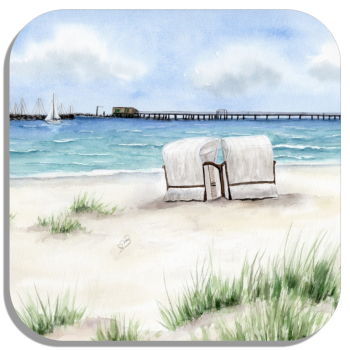 Untersetzer Glasuntersetzer 9,5 x 9,5 cm Aquarell Maritim Kunst Druck Kunstdruck Ostsee - Prerow - Seebrücke  Strandkorb