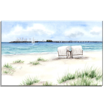 Leinwand 30 x 20 cm Keilrahmen Canvas-Leinen  Aquarell Maritim Kunst Druck Kunstdruck Ostsee - Prerow - Seebrücke  Strandkorb
