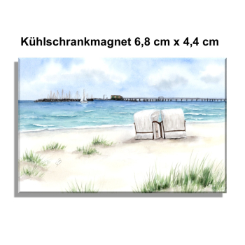 Kühlschrankmagnet  Aquarell Maritim Kunst Druck Kunstdruck Ostsee - Prerow - Seebrücke  Strandkorb