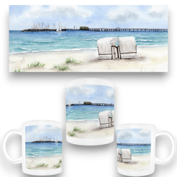 Tasse Becher Kaffeebecher Aquarell Maritim Kunst Druck Kunstdruck Ostsee - Prerow - Seebrücke  Strandkorb