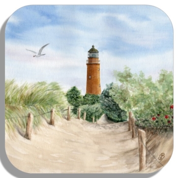Untersetzer Glasuntersetzer 9,5 x 9,5 cm Folienmagnet Aquarell Maritim Kunst Druck Kunstdruck Ostsee Leuchtturm Darßer Ort Darß Zingst Strand Meer
